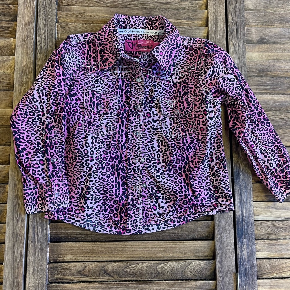 Flashy Kids Leopard Print Button Down Shirt- Clear Rhinestone Pearl Snaps 4T